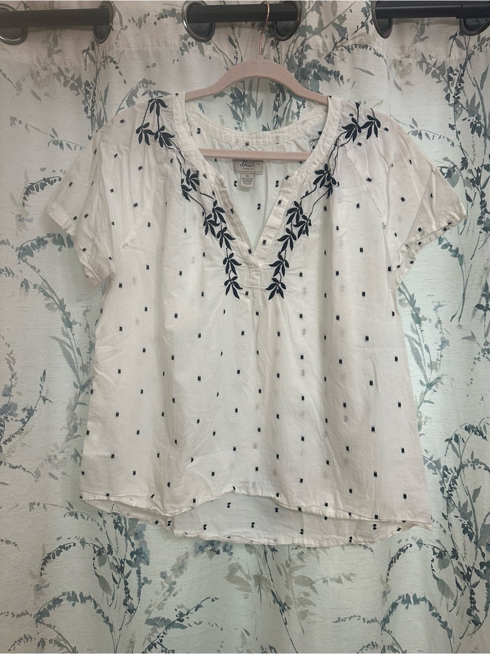 Bass White Tunic Top with Navy Embroidery